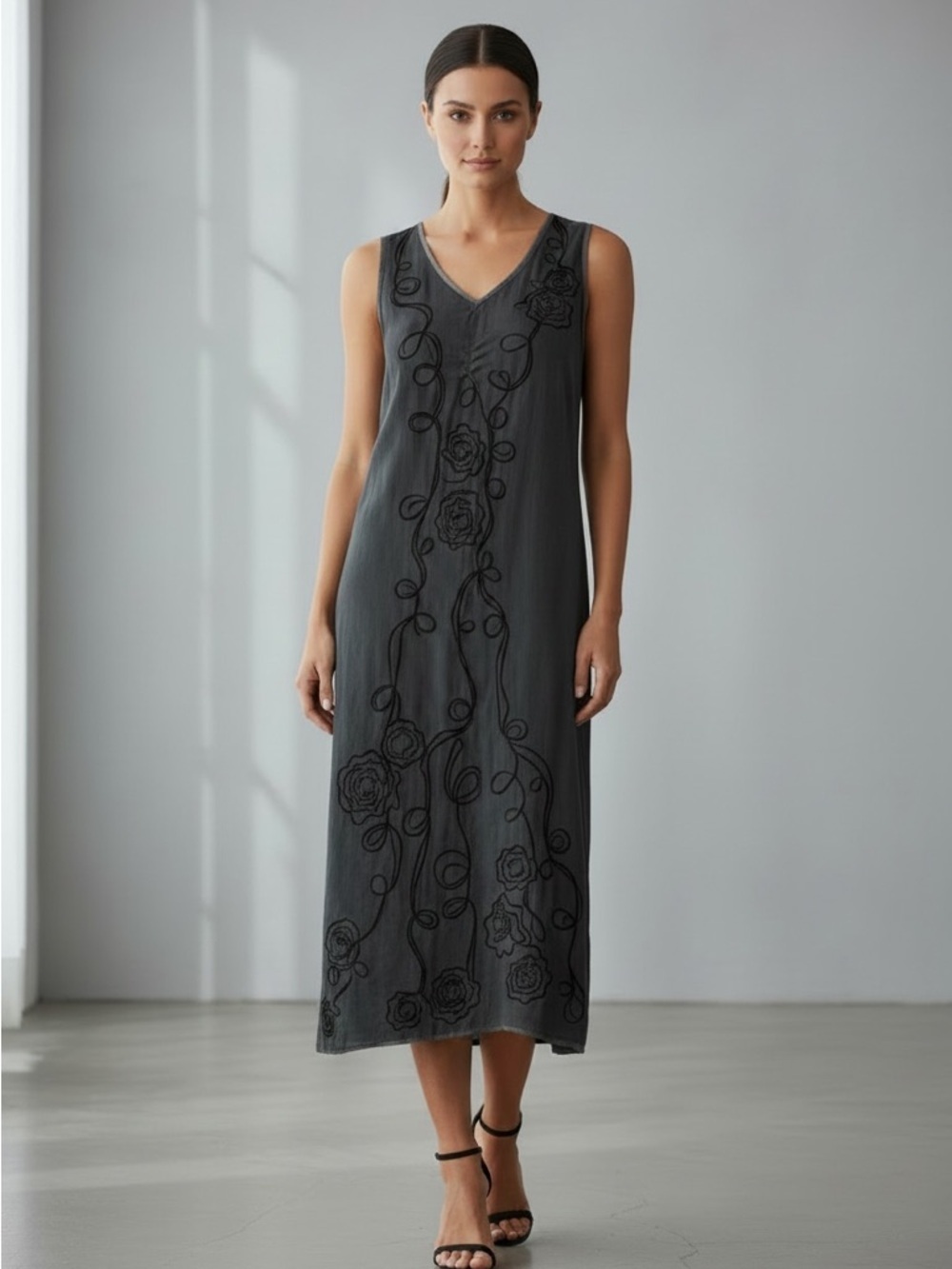 POLECI Black Cotton Midi Slip Dress Sleeveless 3D Flowers Sz 8 Embroidered BOHO
